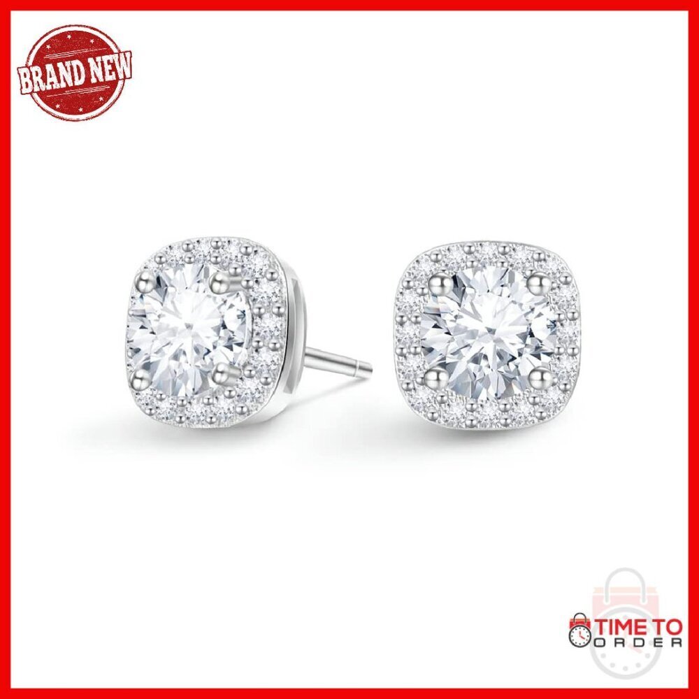 Moissanite Halo Stud Earrings 18K White Gold Plated Sterling Silver